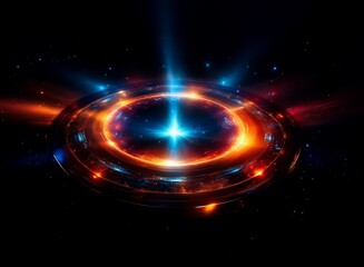 Obraz premium A vibrant cosmic portal, swirling with fiery orange and electric blue energy, glows intensely against a backdrop of dark space and distant stars. Its metallic rings suggest a powerful, otherworldly t