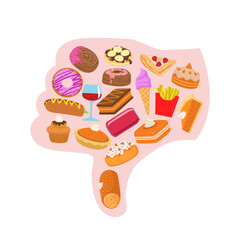 Unhealthy fresh vegetables and unhealthy junk food comparison thumbs down, junk food choice concept or unhealthy eating and diet concept. Hand Dislike concept illustration