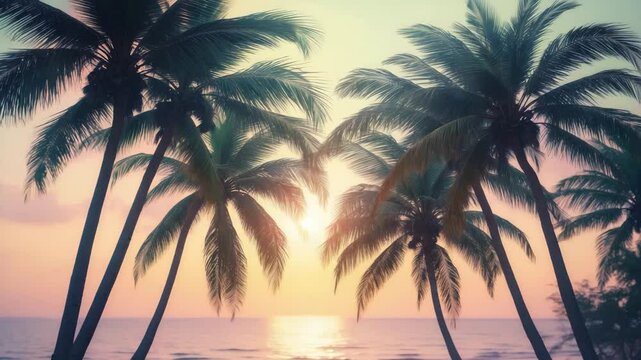 Summer tropical beach background showcasing palm tree silhouettes at sunset. Coconut palms lining a tropical coast with an effect. Bokeh effect.