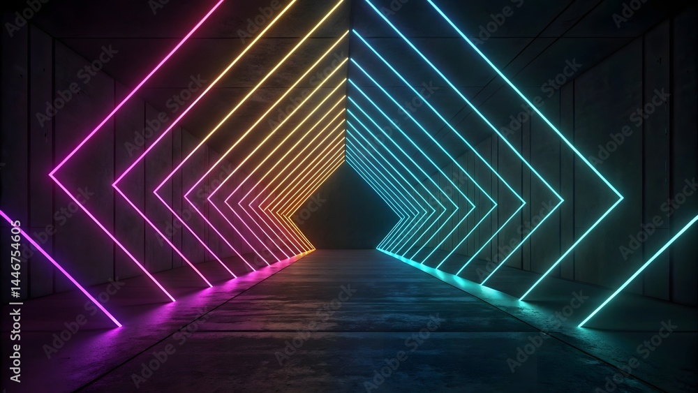 Poster a vibrant tunnel of neon lights creating a geometric pattern with a dark concrete floor and walls