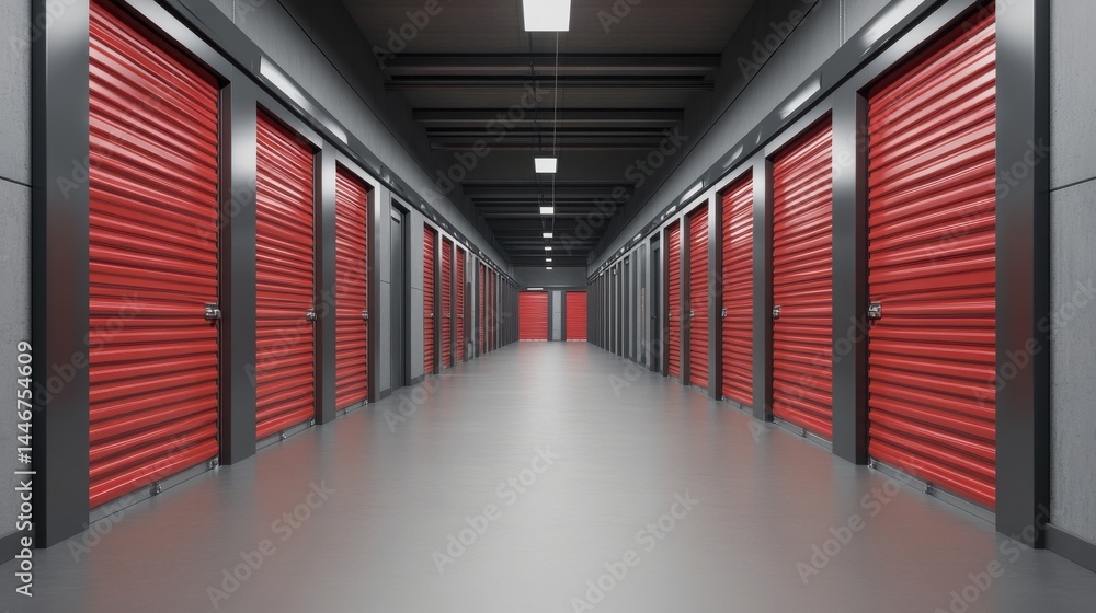 Poster a stunning image of empty corridor of self storage units. rows of red storage unit doors line wide h