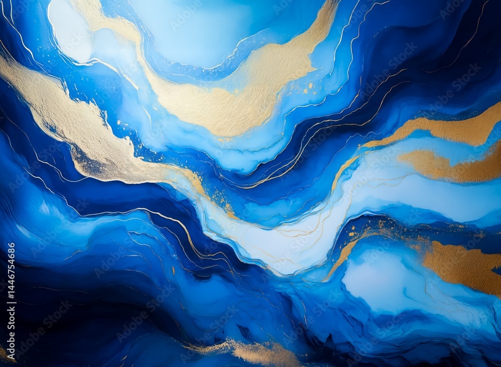 Aufkleber Abstract art featuring swirling blues and golds.  Fluid, dynamic composition evokes a sense of movement and depth. Luxurious color palette.