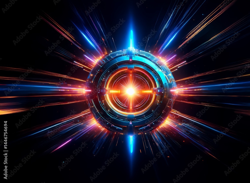 Poster a vibrant, metallic sphere glows intensely, surrounded by streaks of light suggesting rapid movement