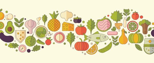Healthy Food Wave Illustration with Fruits Vegetables and Fish