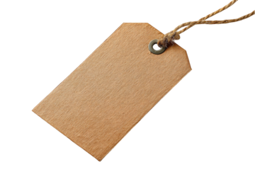 Blank brown kraft paper gift tag with rustic twine string attached perfect for holiday shopping season or handmade craft projects ideal for adding personal messages and on transparent background eco