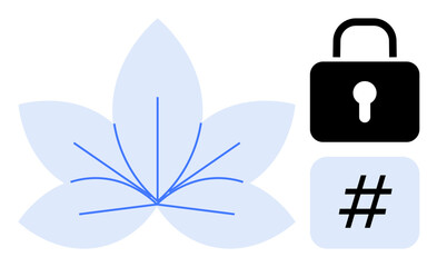 Simplistic flower motif with blue lines, padlock, and metadata tag icon, blending nature and technology. Ideal for security, sustainability, innovation, creativity, connection coding simple landing