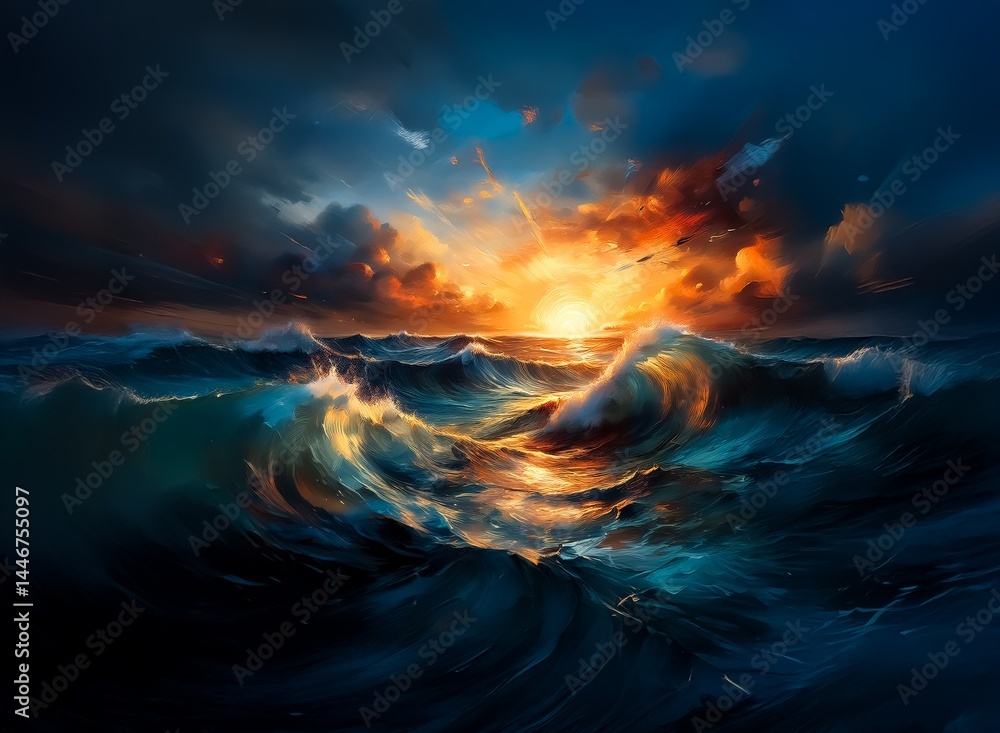 Poster fiery sunset over a turbulent ocean, dark clouds clashing with vibrant orange and blue hues. waves c