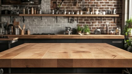 A stunning image of rustic wooden tabletop with blurred kitchen interior. Empty counter, product display. Modern kitchen design, brick wall background. Warm indoor space. Copy.