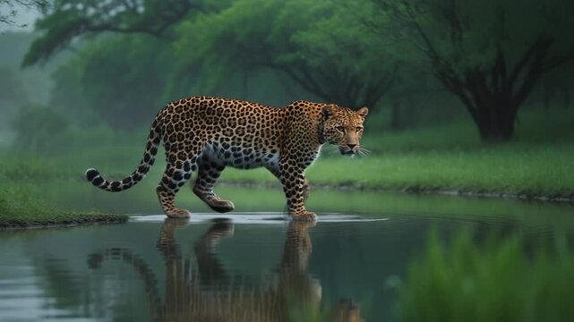 Male leopard or panther walking near its reflection at a waterhole during the green season in an outdoor wildlife safari