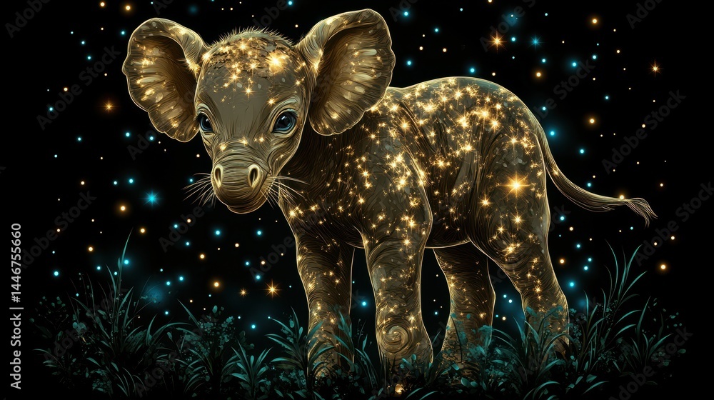Poster enchanted golden calf with shimmering lights against a celestial backdrop creating a mythical atmosp