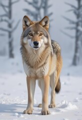 Fototapeta premium Eurasian wolf in snowy landscape, winter fur thick , snowfall, teeth