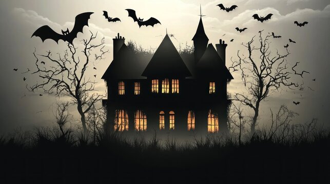 Haunted house at night with bats