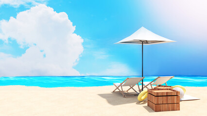 Beach chair on a relaxing day at the beach on the sand and sea.,3d rendering