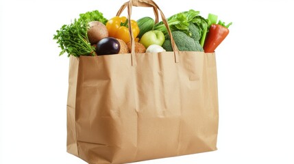 A stunning image of paper grocery bag filled with fresh vegetables, fruits, bread on white background. Healthy organic food shopping from farm, market. Natural diet ingredients.