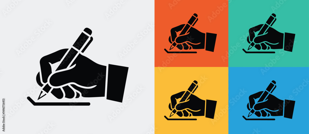 Poster hand signing document with pen icon in multiple colors