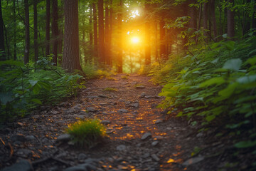 Obraz premium Embark on sweet breathtaking sunrise hike through lush and vibrant green forest, immersing yourself in beauty of nature and experiencing invigorating energy of early morning sun 