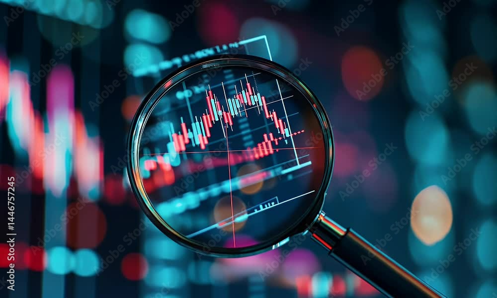 Poster a magnifying glass over an animated stock market graph, symbolizing the concept of technical analysi
