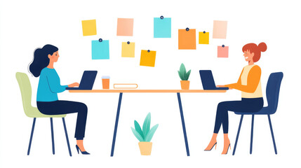 Two women working on laptops in office