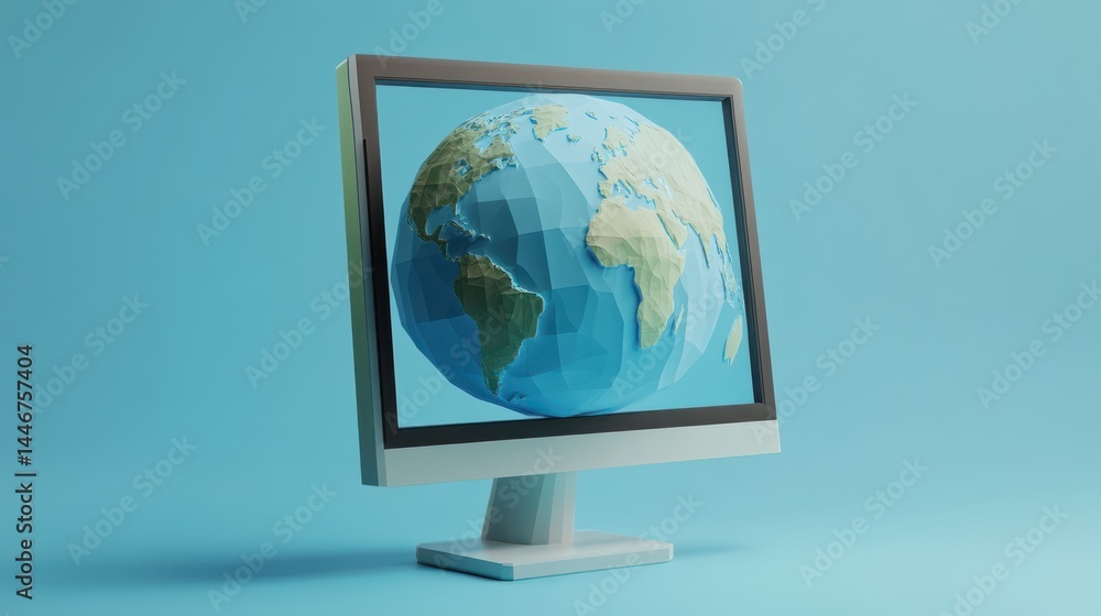 Poster low-poly earth globe displayed on a modern computer monitor against blue backdrop
