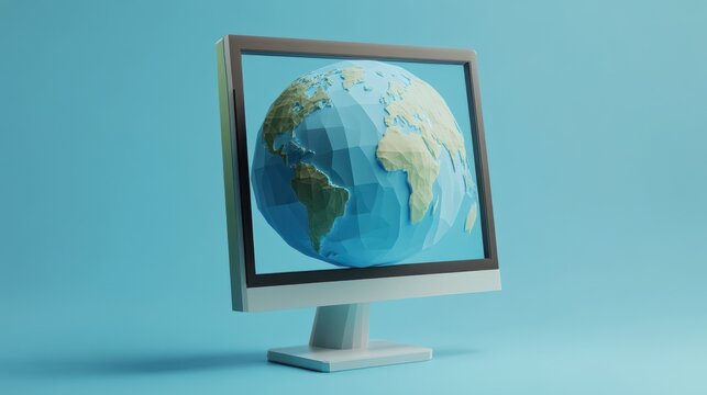 Low-poly earth globe displayed on a modern computer monitor against blue backdrop