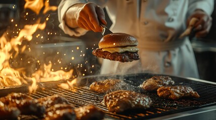 Obraz premium Chef's hands preparing a burger on a grill with flames.