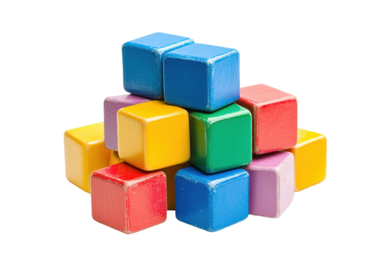 Vibrant pile of colorful wooden blocks, arranged in a casual stack, forming a playful three-dimensional structure.