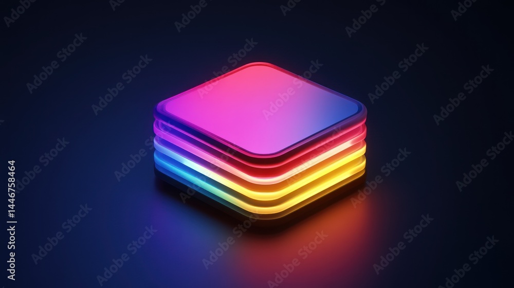 Poster stacked illuminated rainbow squares on a sleek surface for graphic design use