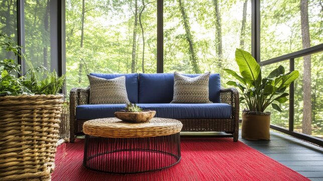 A stunning image of screened porch with modern furniture overlooking summery woods. Blue sofa, wicker table, red carpet, plants inside renovated screened patio. Ideal for.