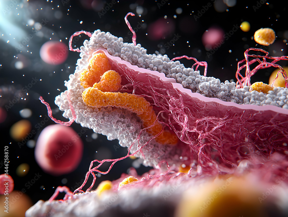 Poster microscopic view of a cellular structure. possible application in medical textbooks. illustrates bio