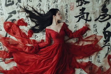 Artistic photo with woman in red surrounded by Chinese calligraphy