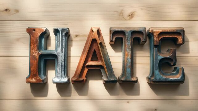 The word HATE presented in wooden letterpress font.