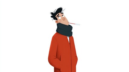 Young man feeling unwell wearing red jacket and black scarf taking temperature with thermometer feeling sick illustration graphic design art flu sad cold care flat fever tired white style human image