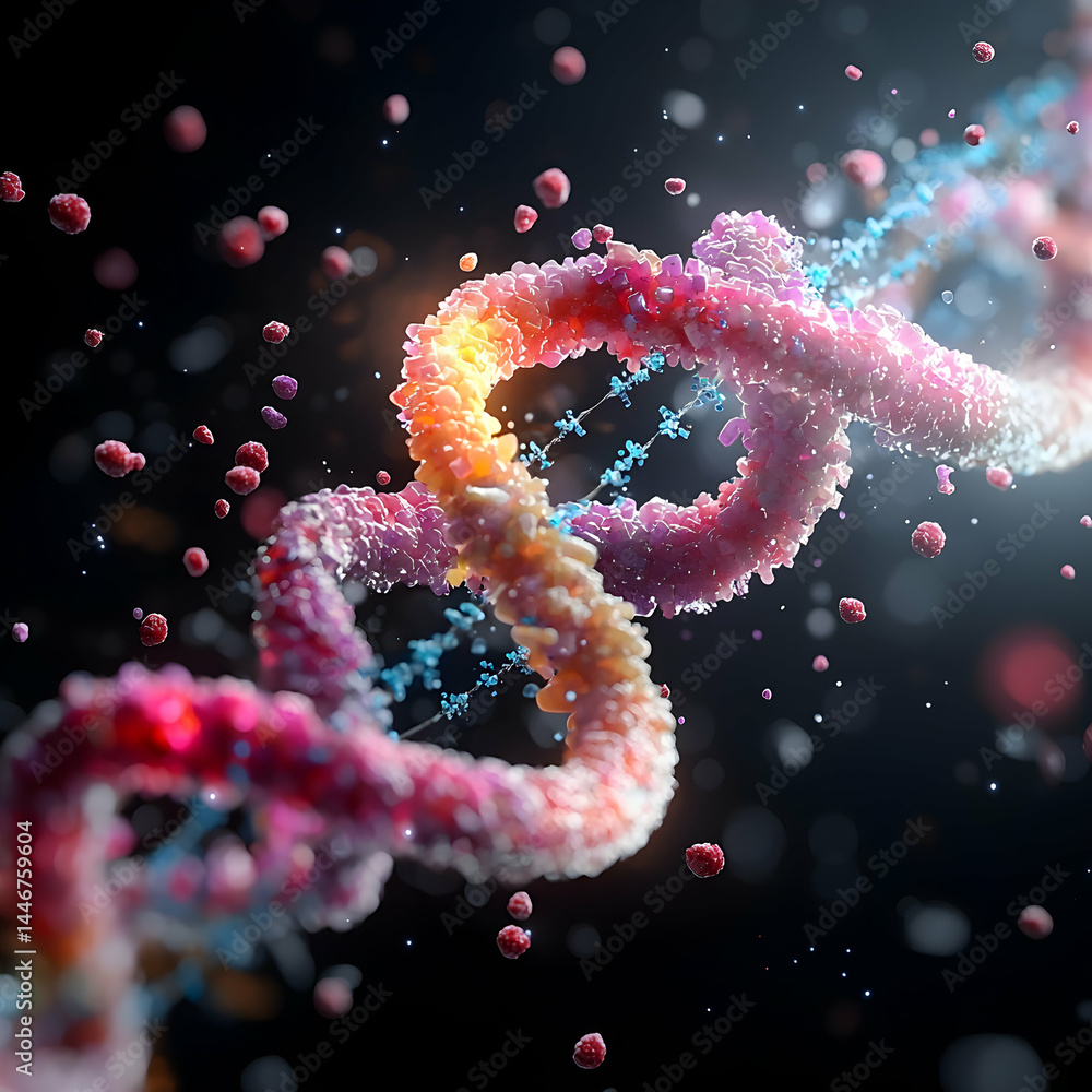 Poster a colorful abstract representation of a dna structure with floating elements. ideal for scientific o