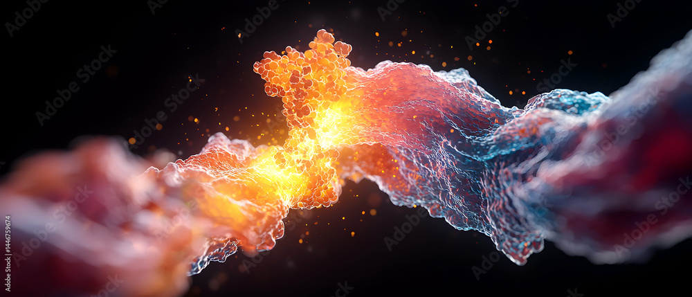 Poster abstract digital art showing fiery cellular structures with glowing details. great for science or te