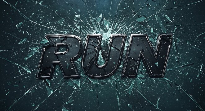Run Text Over Shattered Glass Background, Concept for Speed and Action
