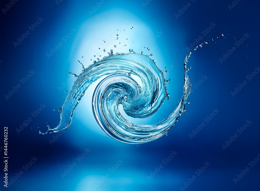 Poster a mesmerizing double helix of swirling, translucent blue water droplets against a dark blue backdrop
