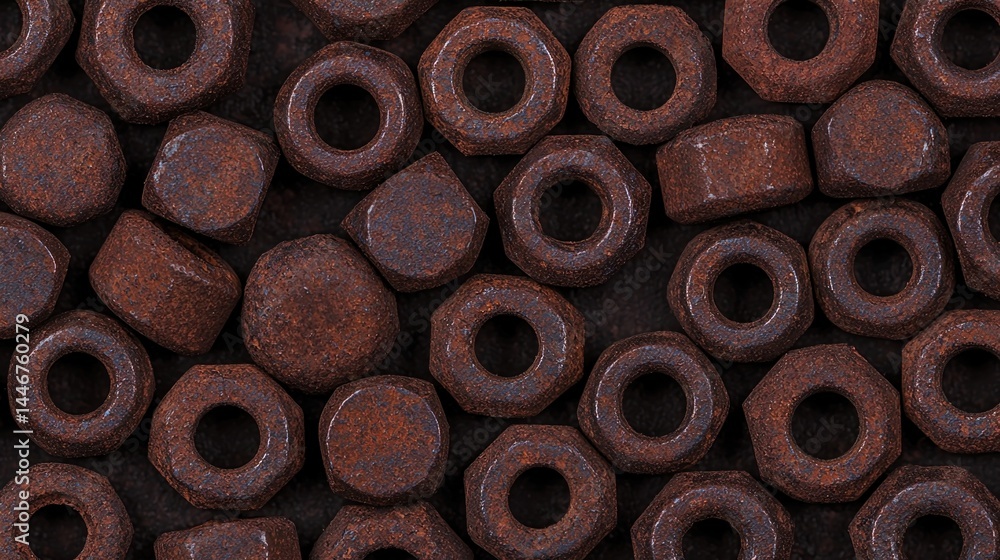 Poster close-up view of multiple rusty metal hex nuts scattered together, showcasing texture and corrosion.