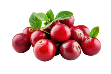 Close-up view of a bunch of plump, bright red cranberries, with green leaves, arranged loosely, showing healthy and juicy fruit.