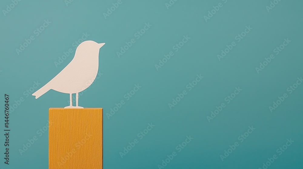 Poster a white paper bird silhouette stands on a yellow block against a blue background in a minimalist com