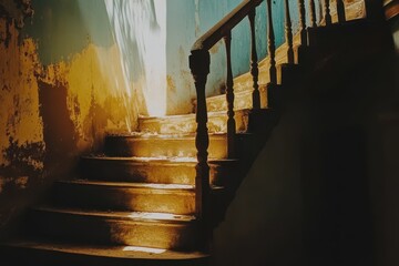 Sunlit, decaying staircase in an abandoned building