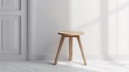 A stunning image of wooden stool with round seat, three legs on white background. Simple minimalist design, clean lines. Natural wood grain texture. Scandinavian style furniture.