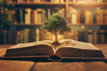 Books World. Closeup of Open Book on Library Bookcase with Blur Background