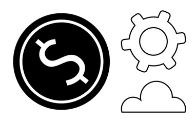 Obraz premium Coin with dollar sign, gear for process or innovation, cloud for technology or storage. Ideal for finance, business workflow, tech solutions, innovation, cloud services, digital banking flat simple