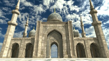 Grand Mosque under a Blue Sky with White Clouds