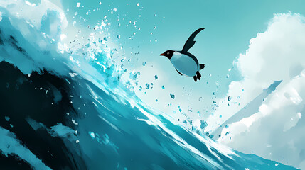 A penguin in mid-air as it leaps from the ocean, water droplets frozen in time. [Frozen Time] | Glacial Loop | frozen cycle. Illustration