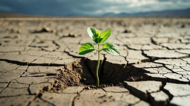 Tree thriving on cracked ground. Dried, fissured soil. Theme of water scarcity and drought.