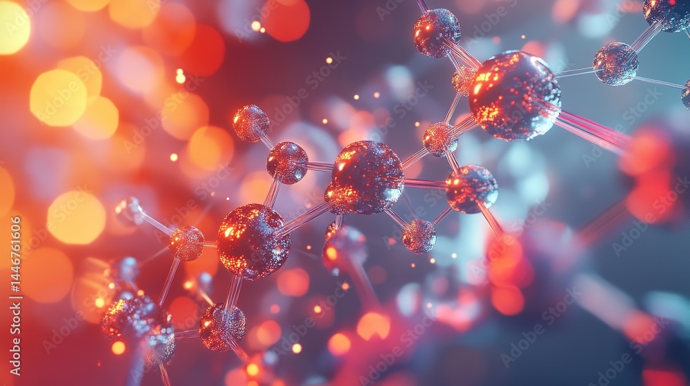 Poster abstract red molecular structure science background digital art illustration 3d atoms light shiny