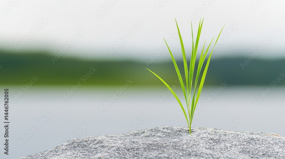 Poster a single green grass sprout grows from a rocky surface with a blurred lake and trees in the backgrou