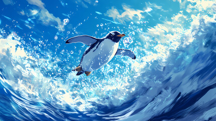 A penguin in mid-air as it leaps from the ocean, water droplets frozen in time. [Frozen Time] | Crystal Slow | glacial motion. Illustration