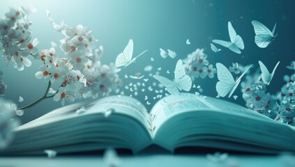 Two hands holding a book with flowers and butterflies flying out, open book, A fairy-tale-like photograph, reading a book